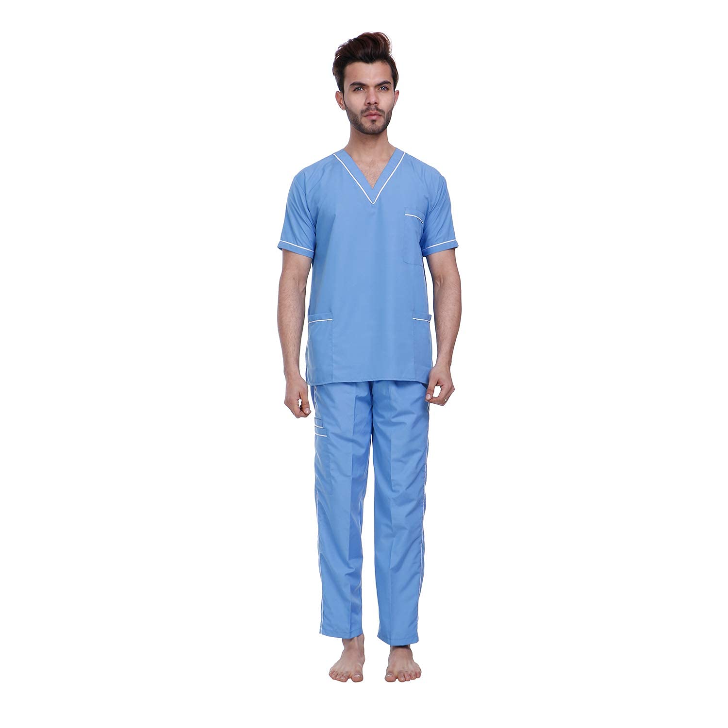 SAINI_MEDICOS - Set di tuta chirurgica unisex con bordino a V, 3 tasche e pantaloni cargo (confezione da 5)