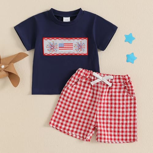 Image of 4th Of July Toddler Boy Outfit Popsicle American Flag T-Shirt and Gingham Plaid Shorts Set Independence Day Clothes