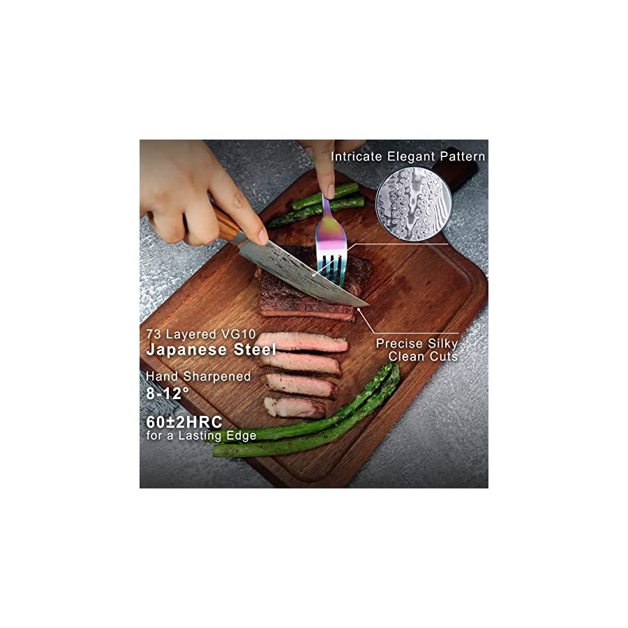 Fzkaly Steak Knives, 5" Steak Knives Set of 6, Damascus Steak Knives, Super Sharp Non-serrated Steak Knife Set in Gift Box, Full-Tang Ergonomic Olive Wood Handle