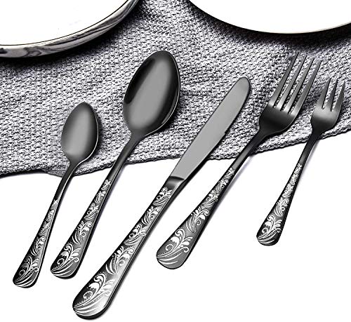 Black Silverware Set, Elegant Life 30-Piece Stainless Steel Flatware Cutlery Set, Knife Fork Spoon Flatware, Mirror Finish, Smooth Edge, Service for 6 (Black)