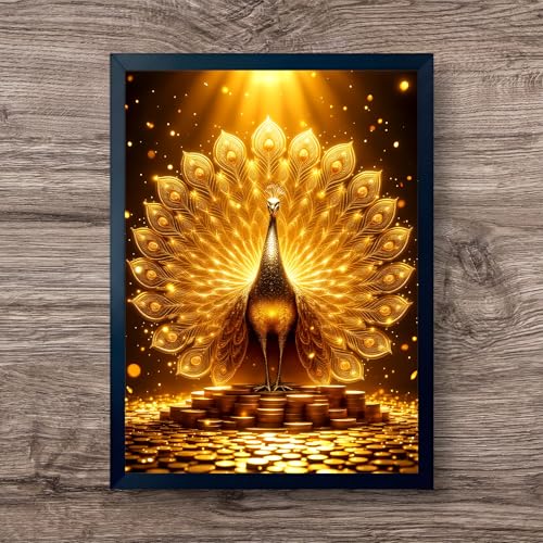 Image of ARTFUL TOY BOX - Golden Peacock Photo Frame Wall Art for Home Decor | Prosperity, Beauty & Positive Energy Vastu Wall Decor for Living Room & Office | HD Glossy Print | Premium Fiber Black Frame - 12x18 Inch (30x45 cm) (Design 8)