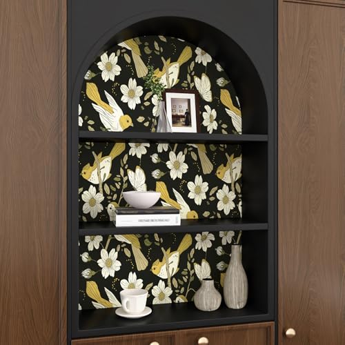 Mangoloo Vintage Black Floral Peel and Stick Wallpaper Beige Bird Flower Wallpaper 17.5"x102" Adhesive Removable Birds Wall Mural Black Wall Paper Floral Contact Paper for Cabinets Farmhouse Bedroom by Mangoloo - Image 4