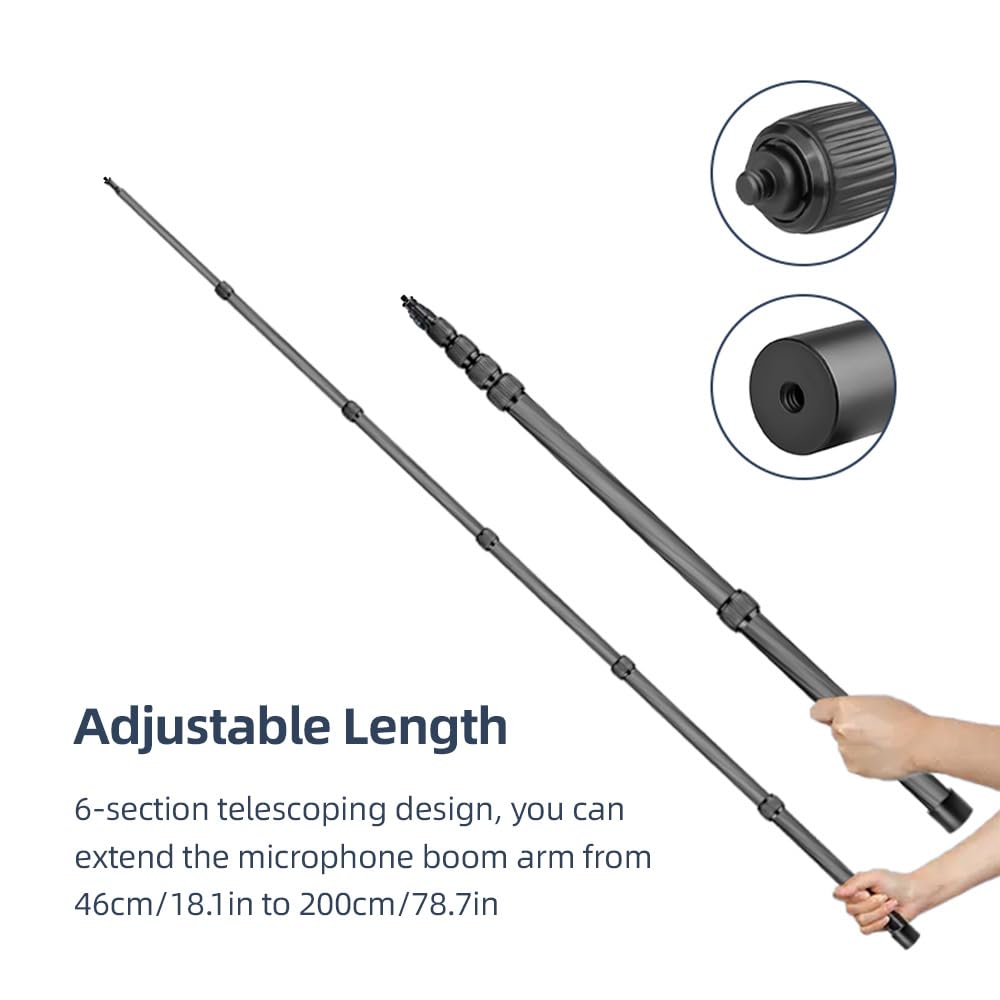 Andoer Brazo articulado para micrófono de Mano, Extensible, Poste articulado de Fibra de Carbono, Tornillo e Rosca de 1/4" con Agarre de Espuma, Negro, Moderno y Profesional