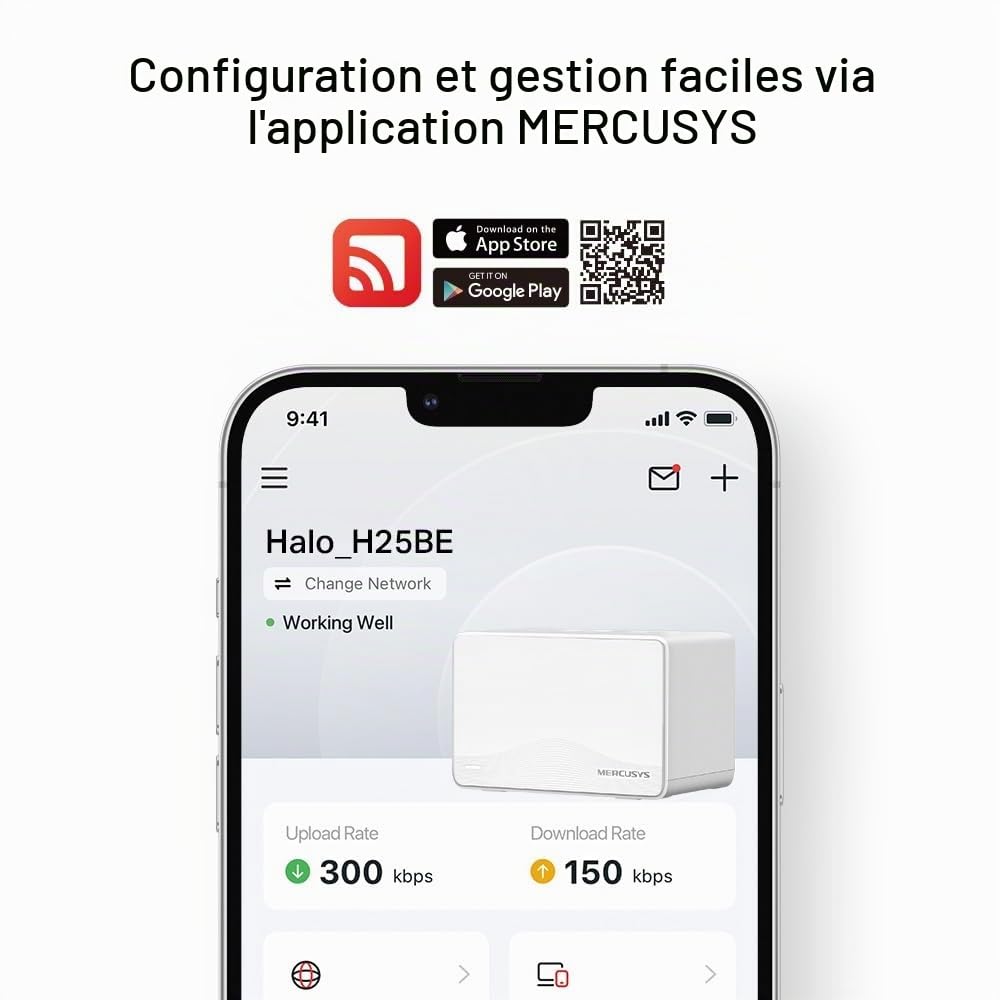 Mercusys TP-Link Mesh Wi-FI 7 BE3600Mbps Double Bande, 3 Ports WAN/LAN Gigabit, Couverts jusqu'à 460m2, 4K-QAM, MLO, Multi-RUs, Contrôle par APP, Halo H25BE(2-Pack)