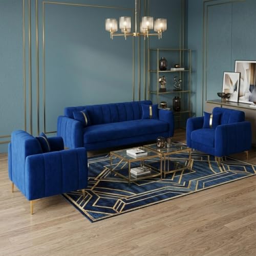 Image of Hermione Luxe Velvet-Suede Fabric 3 Seater + 1 Seater + 1 Seater Sofa Set | Golden Legs | Comfortable & Spacious Seating | Modern Sofa Set for Living Room - Dark Blue