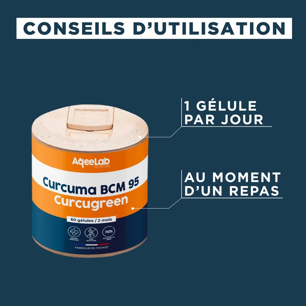 Curcuma ultra dosé - Qualité maximale : BCM95® Curcugreen® - Digestion & Articulation - Meilleure biodisponibilité : x700% - 2 mois - Testé en laboratoire - Made in FR - Ecoresponsable - Aqeelab