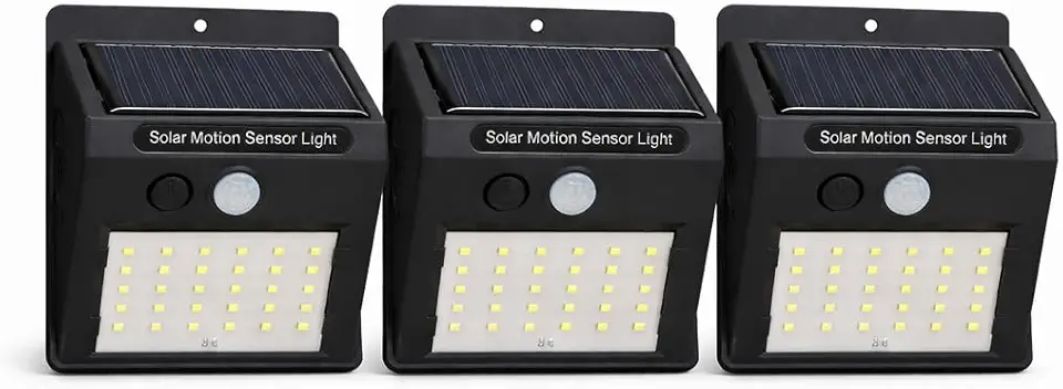 Kit 3 Luminárias Solar 30 LEDs Sensor de Movimento Sem Fio à Prova d'Água — Super Brilho Refletor Solar para Jardim Garagem Muro e Área Externa — Segurança Residencial