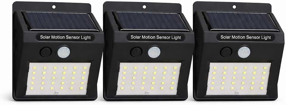 Kit 3 Luminárias Solar 300 LEDs Sensor de Movimento Sem Fio à Prova d'Água — Super Brilho Refletor Solar para Jardim Garagem Muro e Área Externa — Segurança Residencial