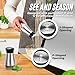 Flexzion Modern Salt and Pepper Shakers Set, Glass Canister Dispenser with Stainless Steel Sleeve and Black Lid for Spices, Sea/Kosher/Himalayan Salts and Pepper - Silver (Set of 2)