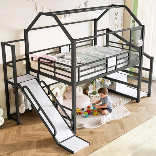 Full Size House Loft Bed with Slide and Stairs, Heavy-Duty Metal Playhouse Bed with Storage Shelves, House-Shaped Bed Frame with Safety Guardrail & Roof,Loft Bed Frame with Clothes Rod, Black