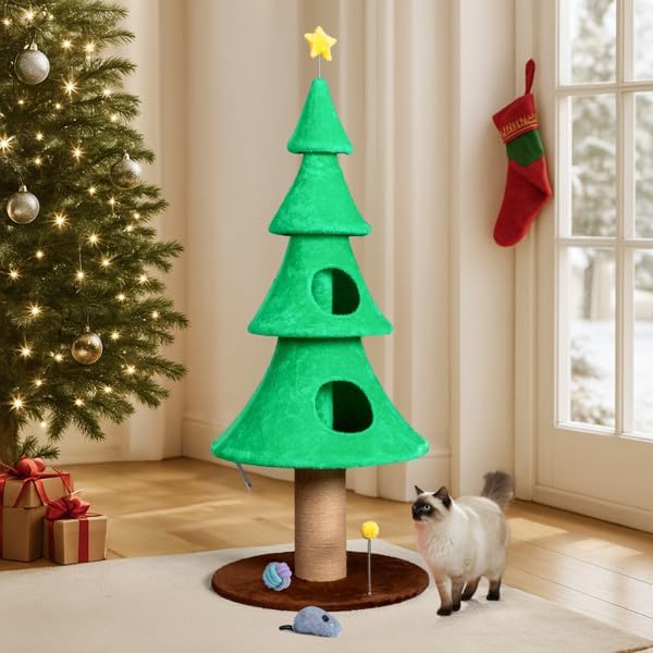 59in Large Tall Christmas Tree Cat Tower, Multi-Level Cat Condo with Scratching Post, Soft Fleece Covered Cat Tree with Teaser Toy and Sturdy Base for Indoor Cats, Green