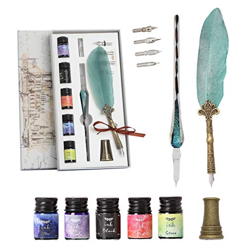SIPLIV Calligraphy Feather Pen Glass Dip Pen Set with Feather Dip Pen, Glass Pen, 5 Colors Ink, 4 Replacement Nibs, Pen Rest, Metal Pen Holder, Green