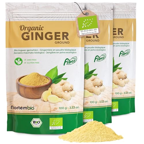 Nortembio Jengibre Ecológico en Polvo 300 g. Origen 100% Natural. Especial para Infusiones. Jengibre Seco Molido Sin Aditivos ni Conservantes, Vegano y Sin Gluten. E-Book con Recetas Incluido.