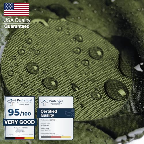 aZengear Repair Patches - Waterproof, Self-Adhesive, Tear-Cold-Heat-Resistant Polyester Fabric to Fix Down Jacket, Puffer, Snowsuit, Shoe, Tent, PVC, Clothing, Upholstery (Olive Green)