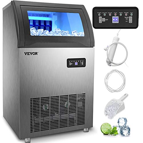 Commercial Ice Maker: 155LBS/24H, Stainless Steel, 33LBS Storage, 72 Ice Cubes in 11-15Mins - With Water Filter & Connection Hose