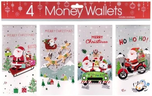 Tulip Studios 3D Christmas Xmas Money Cash Gift Wallets & Envelopes, Cute Santas - Pack of 4