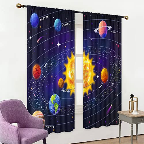 Mitpok Solar System Outer Space Curtains For Bedroom 42Wx63H Inch Rod Pocket Starry Planet Galaxy Glitter Fantasy For Kids Bedroom Decor Colorful 2 Panels Window Treatment Set For Living Room Decor #TOP2