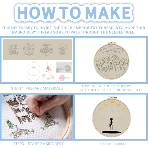 Image of FREEBLOSS 4 Set 8'' Embroidery Kit for Beginners UFO&Alien Pattern Embroidery Kit with Instructions Full Kit of Embroidery Cloth 2 Embroidery Hoops 9 Colors Flosses