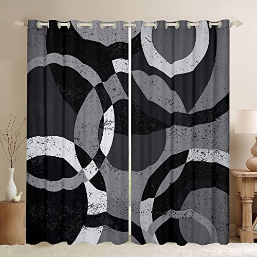 Black Gray White Curtains,Retro Circle Stripes Window Curtains For Boys Girls Teens,Abstract Window Treatment Curtains Home Decor,Modern Art Darkening Drapes For Living Room Bedroom,84Wx63L #TOP10