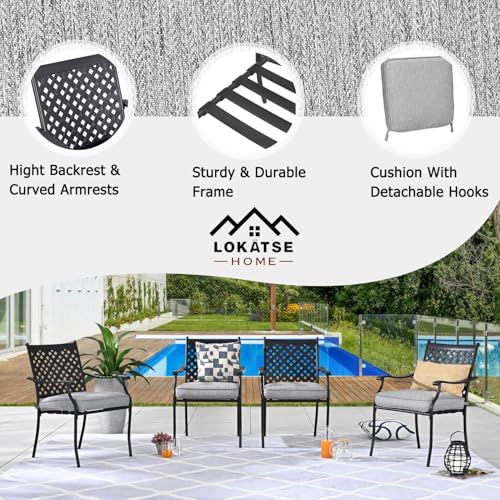 Image of LOKATSE HOME Patio Dining Chairs Set of 4, Stackable Metal Wrought Iron Outdoor Chairs with Armrests & Thick Grey Cushions, All-Weather Heavy Duty Furniture for Garden, Backyard, Deck & Balcony