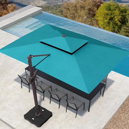 Image of Deconk 10' X 13' Patio Umbrella with LED Lights Outdoor Cantilever Large Rectangle Offset Umbrellas Heavy Duty Aluminum Double Top with 360-degree Rotation for Pool Garden Deck, Turquoise