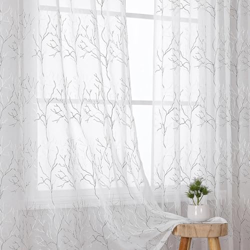 VISIONTEX White Sheer Curtains Grey Coral Branch Embroidered 108 Inches