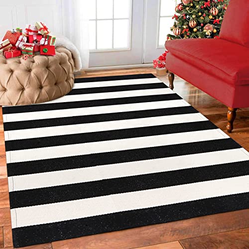 Leevan Black And White Striped Outdoor Rug, 3' X 5' Front Porch Rug Welcome Doormat Washable Woven Fabric Farmhouse Cotton Indoor Floor Carpet For Kitchen Laundry Living Room #TOP2