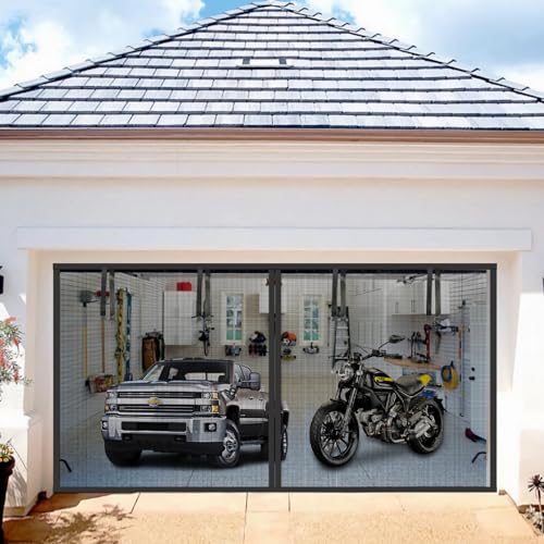 Garage Door Screen Magnetic - 9x7FT Garage Door Screen for 1 Car, Heavy-Duty Fiberglass Mesh for Quick Entry with Self Sealing Magnet and Weighted Bottom, Hands Free Magnetic Garage Door Screen