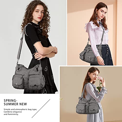 Image of Purses Women Handbags Large Double Zipper Multi Pocket Washed Shoulder Bags Purse with compartments Designer