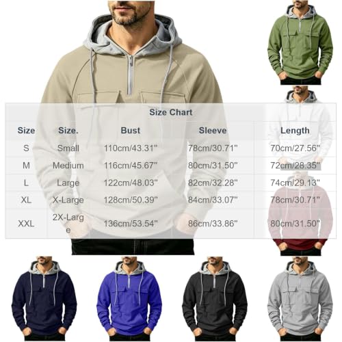Mens Quarter Zip Hoodie Chest Pockets Kangaroo Pocket Streetwear Sweatshirt - image 5
