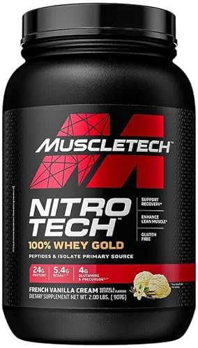 MuscleTech NitroTech 100% Whey Gold Protein Powder, Build Muscle Mass, Whey Isolate Protein Powder & Peptides, Protein Shake For Men & Women, 5.5g BCAA, 28 Servings, 908g, French Vanilla Cream