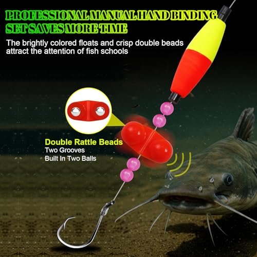 Kit listo para usar MAFIMOEA 4 piezas para pesca de bagre con anzuelos de círculo de alta resistencia, tubo sonoro 2 en 1 y cuentas de ruido duales, aparejos con boya ajustable para agua dulce y salada miniatura 5
