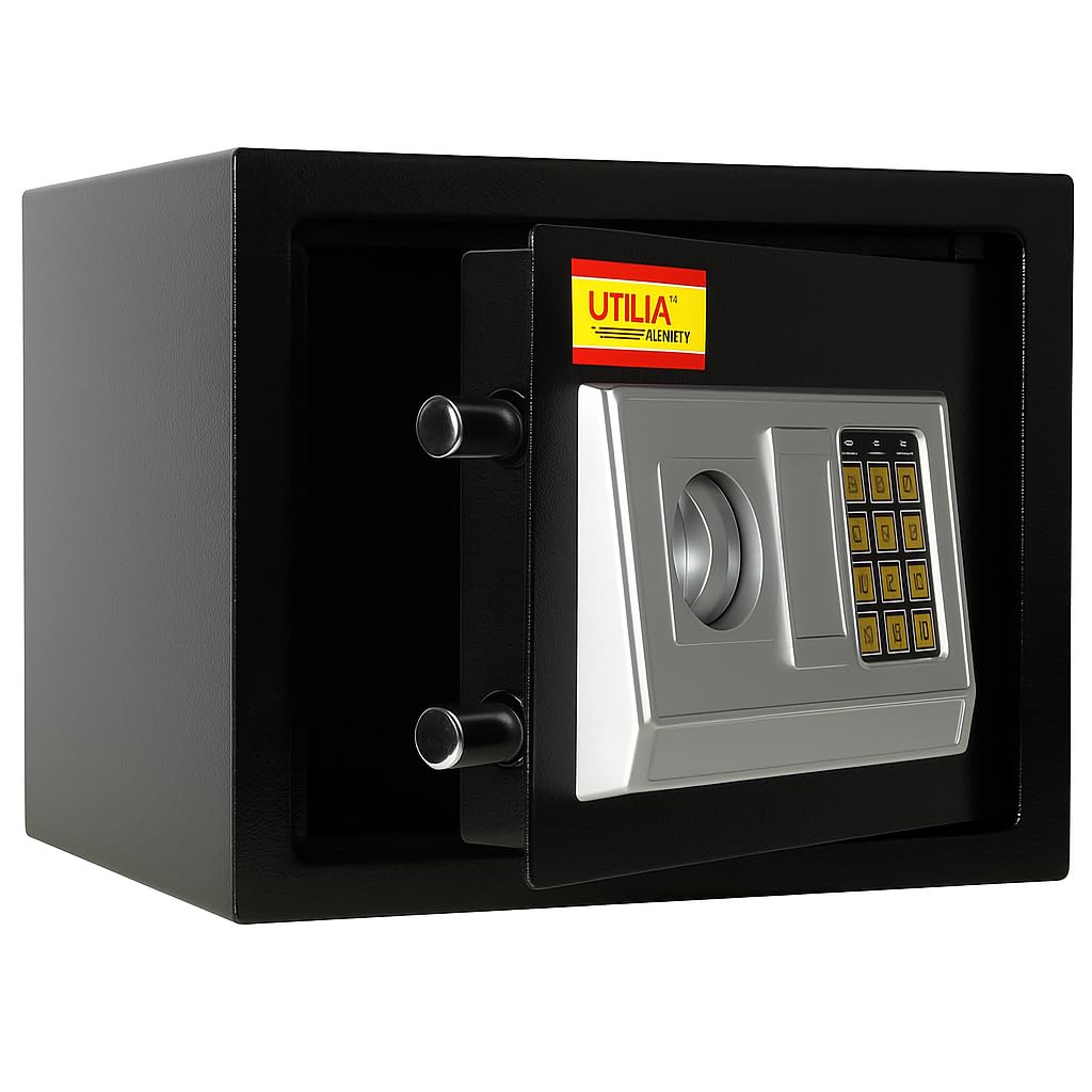 Utilia Security Cassaforte Elettronica con Combinatore Digitale, 2 Catenacci, Codice 4 Cifre + Chiave, Fissaggio a Muro/Armadio, Acciaio Verniciato (2 misure) (310x200x200h)