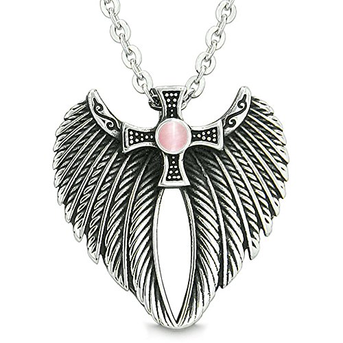 Angel Wings Celtic Viking Cross Magic Powers Amulet Pink Simulated Cats Eye Pendant 18 Inch Necklace #TOP8