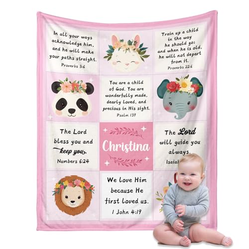 Personalized Baby Blanket Christian Throw Blankets with Bible Verses Christening Gifts for Newborn Boys Girls Kids (Pink)