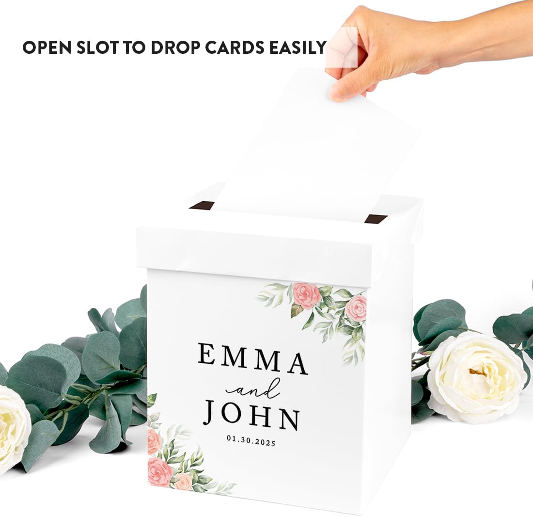 Andaz Press Sturdy White Personalized Wedding Day Card Box Peach Roses Custom Wedding Gift Boxes for Cards Personalized Card Box 10x10x10 Inches