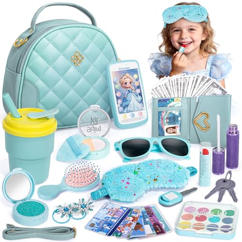 Hohosunlar Play Purse for Little Girl Gift Toddler Purse with Accessories - Fake Makeup Princess Elsa Toys Handbag Wallet Phone Keys Water Bottle Frozen Birthday Gift for Girl Age 3 4 5 6 7 8
