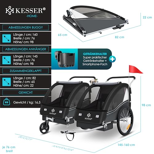 KESSER® Kinderfahrradanhänger Sport-RX 2in1 Jogger & Buggy 5-Punkt-Gurt Sicherheitsgurt 360° Vorderrad Kinderfahrradanhänger Reflektoren für 1-2 Kinder (max. 40 kg) Getränkehalter & Smartphonefach