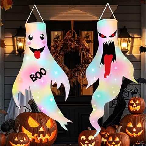 2Pcs 47" Halloween Ghost Windsocks Decorations with LED Light Outdoor Halloween Decorations Hanging Ghost Windsocks Décor for Halloween Cover