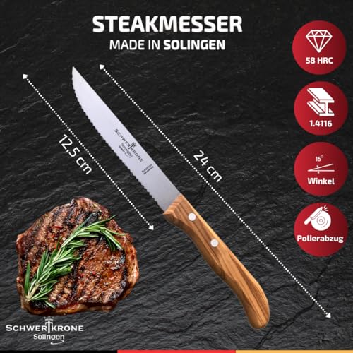 Foto von Schwertkrone Steakmesser Brotzeitmesser Frühstücksmesser Schinkenmesser Solingen Germany Olivenholz (Gezahnte Schneide)