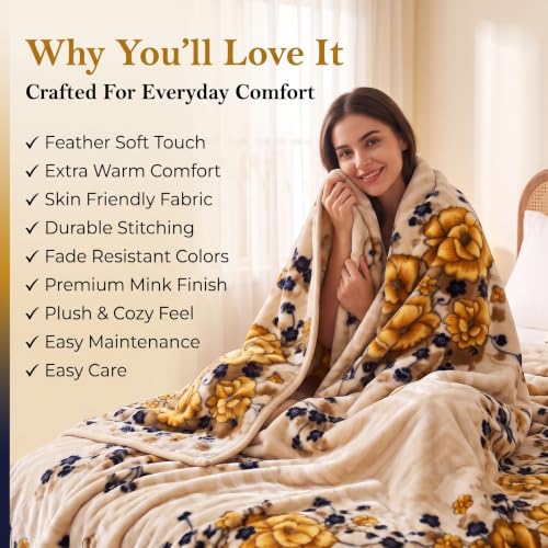 Image of BSB HOME Double Bed Mink Blanket 1.5 Kg, Velvet Like Soft Plush Fleece Blanket, Warm Lightweight Winter AC Blanket,Skin Friendly Floral Blanket for Double Bed,78 x 75 Inches(198 x 190 cm) - Warm Beige