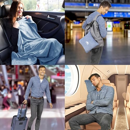 Image of BlueHills Premium Soft Long Travel Blanket Pillow for Tall Airplane Flight Essentials Large Compact 2 in 1 Airline Blanket Throw Packable Warm Plane Traveling Accessories Grayish Blue T056