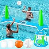 JOYIN Inflatable Volleyball Net & Basketball Hoops Pool Float Set; Balls Included for Kids and Adults, Summer Pool Game, Floaties, Volleyball Court (105”x28”x38”) Basketball (27.6”x23”),Green,Blue