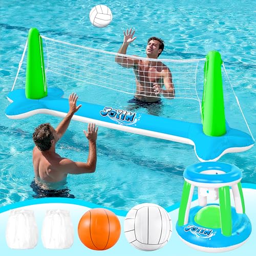 JOYIN Inflatable Volleyball Net & Basketball Hoops Pool Float Set; Balls Included for Kids and Adults, Summer Pool Game, Floaties, Volleyball Court (105”x28”x38”) Basketball (27.6”x23”),Green,Blue