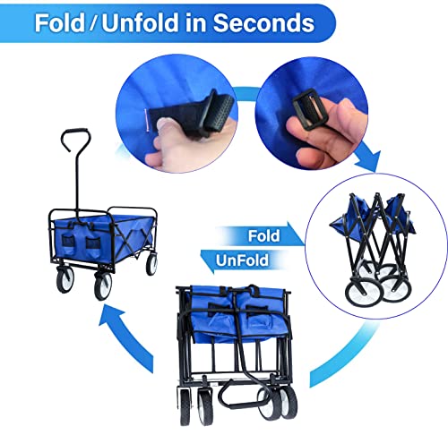 Collapsible Outdoor Utility Wagon Folding Garden Shopping Cart With Adjustable Handles And Cup Holders For Shopping And Park Picnic, Outdoor Activities, Camping (Blue) #TOP4