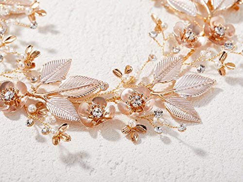 Sweetv Handmade Wedding Headpieces For Bride Hair Accessories Flower-Leaf Bridal Headband Rose Gold Wedding Hair Piece #TOP2