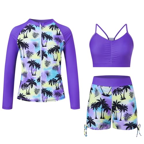 Image of Funnycokid Girls Swimsuit 3 Pieces Zip Rash Guard Bathing Suits Set Kids Bikini Boyshort Summer Swimwear 3-14 Years