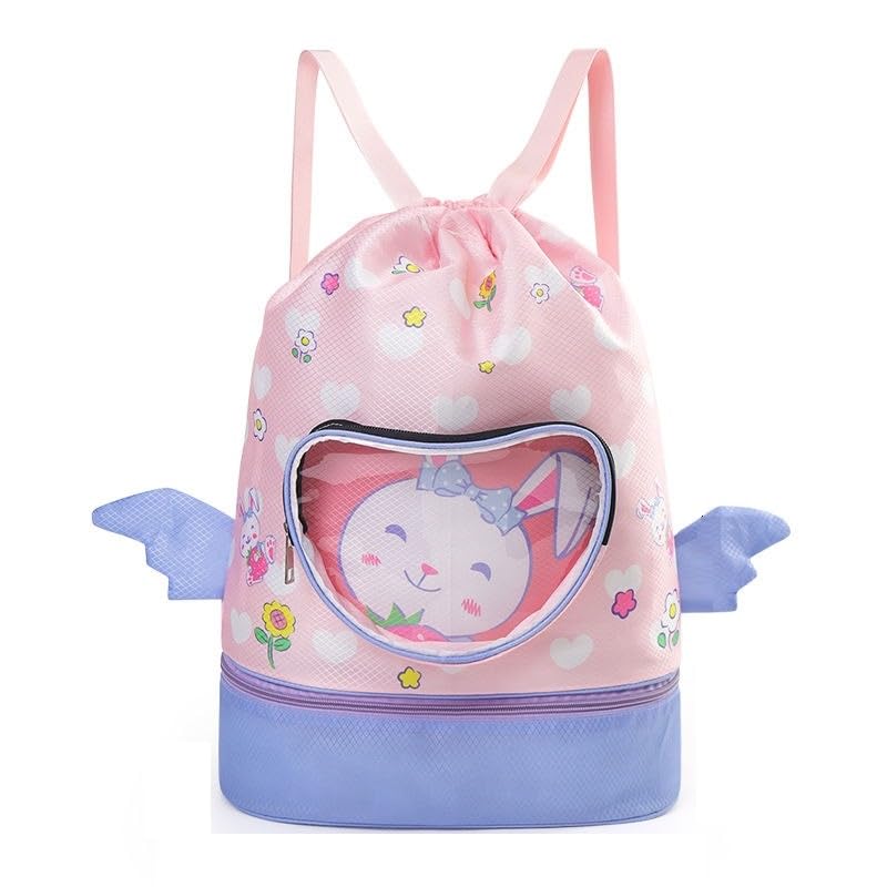 ONOTIC Swimming Bag for Kids Separate Wet Cloth Pouch Front Zipper for Swimming Goggle Beach Bag for Girls Boys Swimming Backpack (Pink Rabbit)