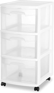 Plastic Storage Drawer Cart, Medium Home Organization Storage Container with 3 Large Drawers w/Removeable Wheels,Set of 1 White