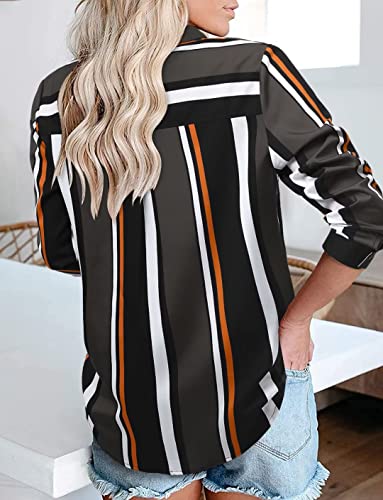 Magritta Womens V Neck Blouses For Work Professional Loose Fit Striped Color Block Collared Button Down Cuffed Roll Up Long Sleeve Shirts Tops X-Large #TOP1